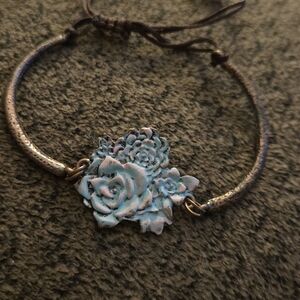 Brushed Gold Floral Blue Patina Bracelet